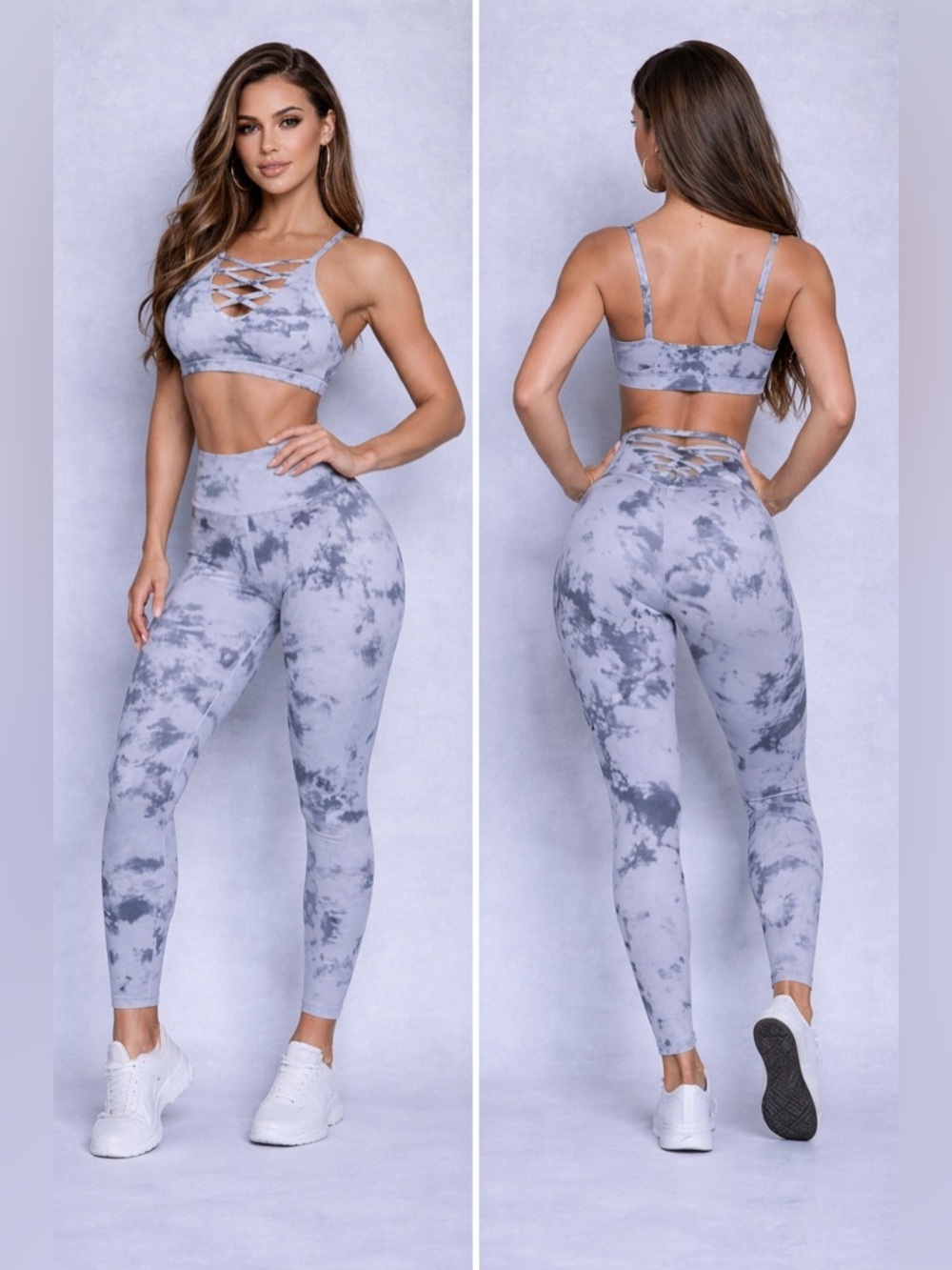 Workout set 2 piece athletic wear sports bra and leggings grey tie dye
